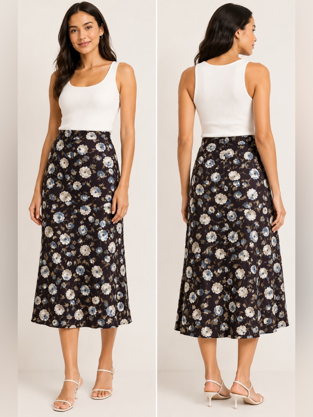 Old Navy Brown Blue Floral Midi Skirt Size 12 Like New